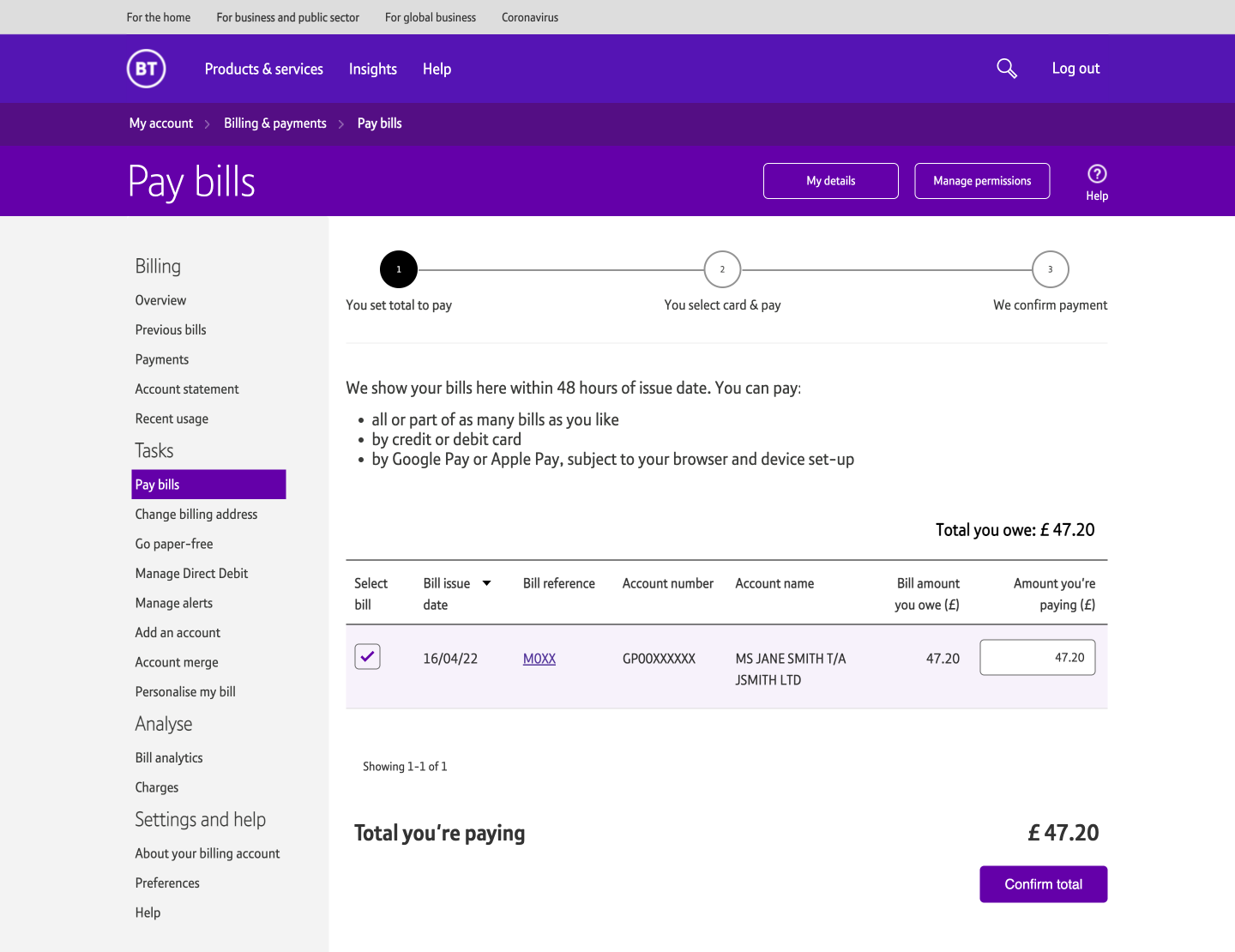 Billing dashboard