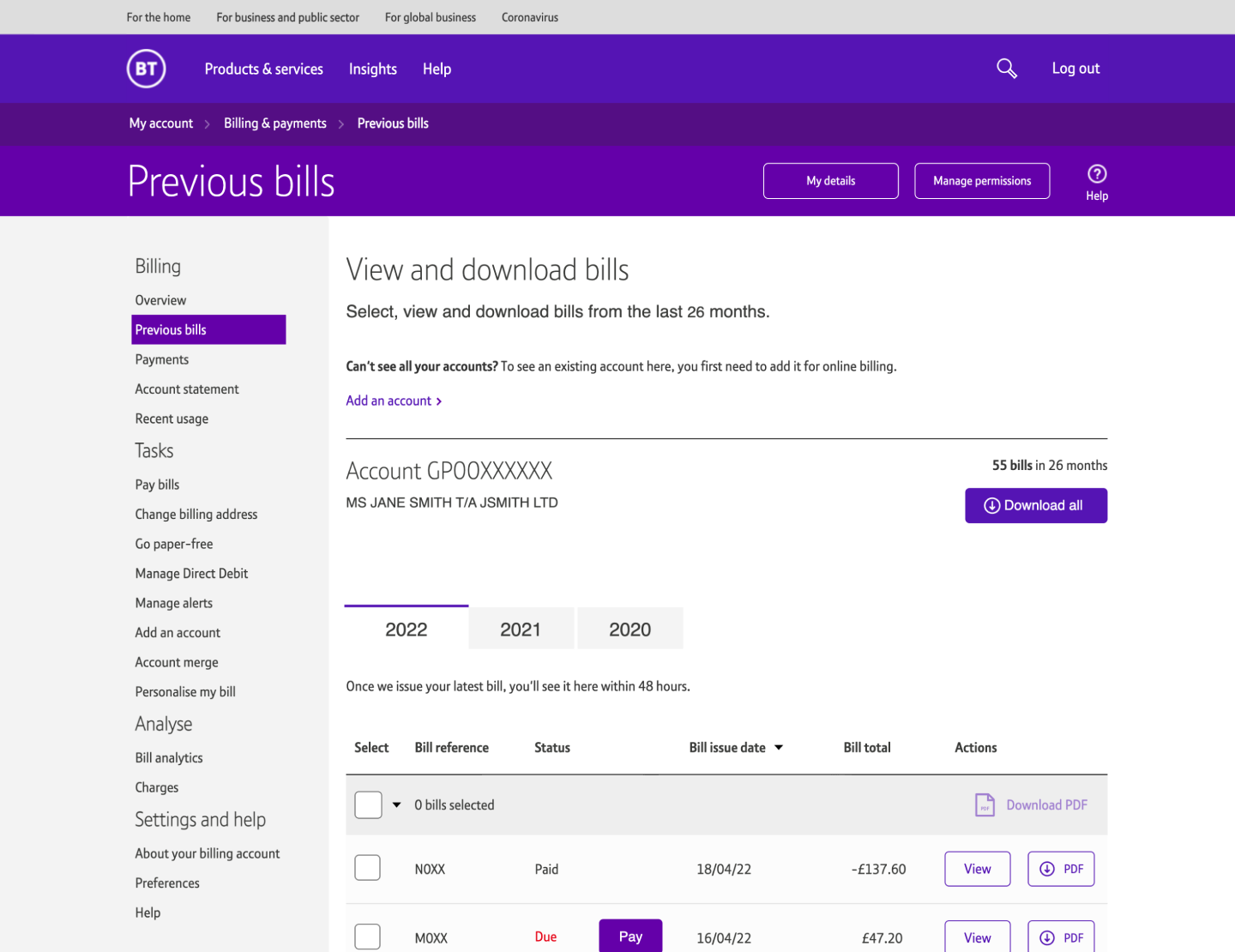 Billing dashboard